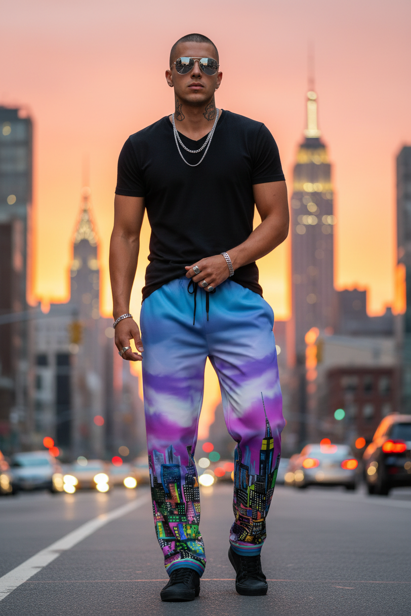 Man wearing a black t-shirt and Loria NYC Art colorful pants with a city skyline in the background