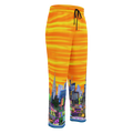 Orange sweatpants with a Loria NYC Art cityscape design on a white background