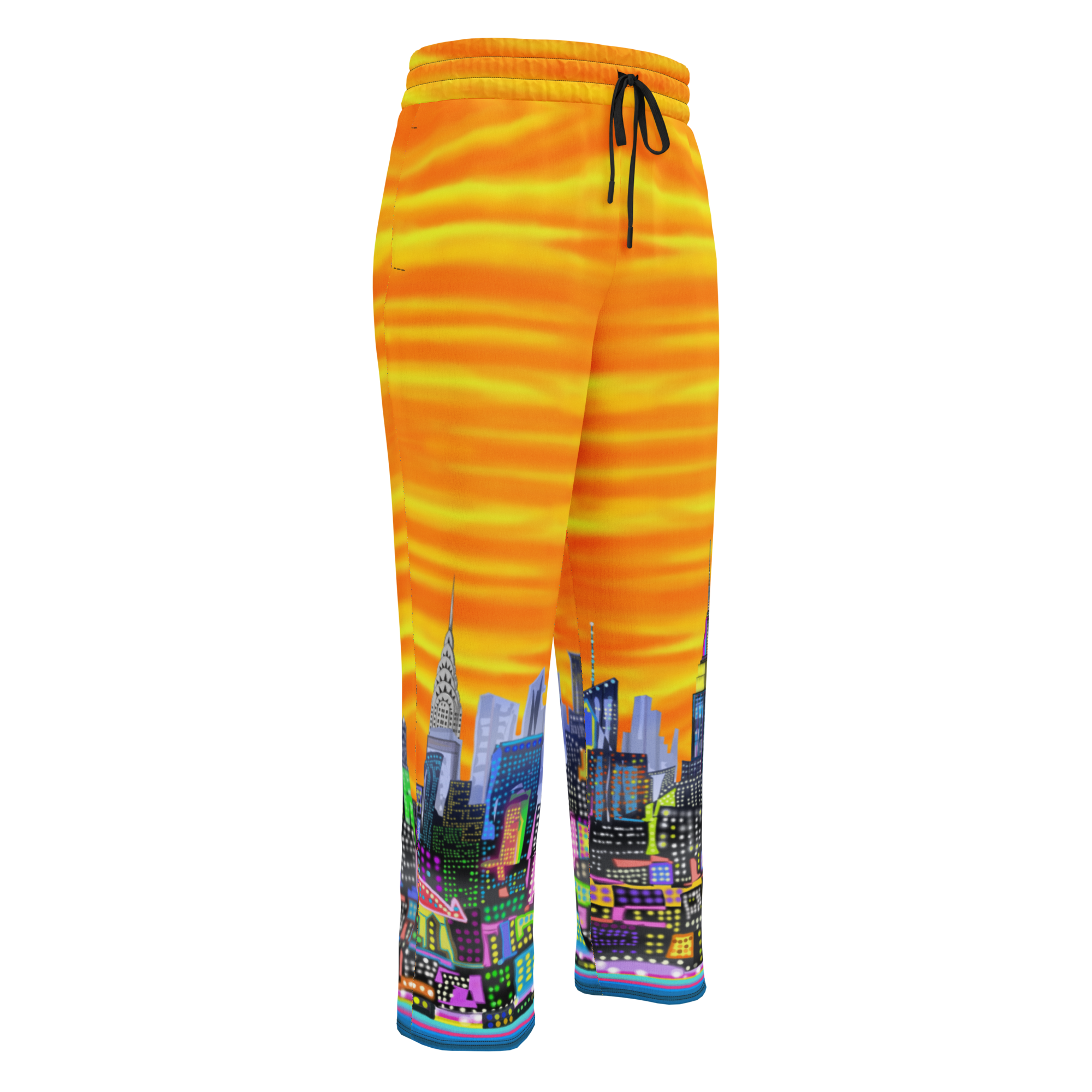 Orange sweatpants with a Loria NYC Art cityscape design on a white background