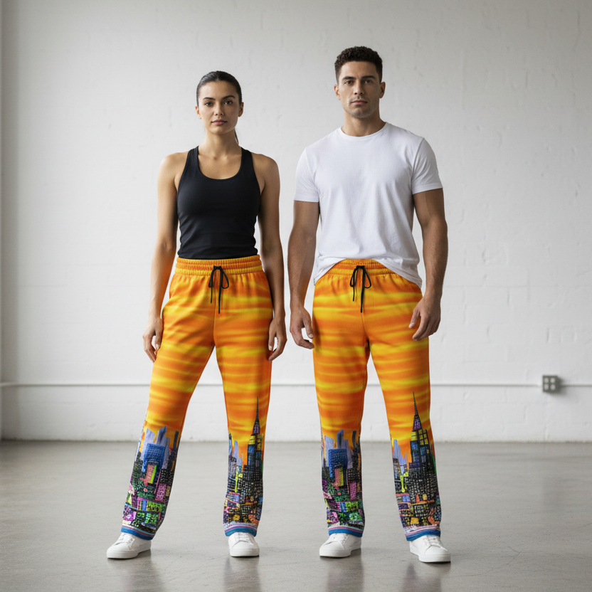 Two people wearing colorful Loria NYC Art pants standing in a room with large windows.