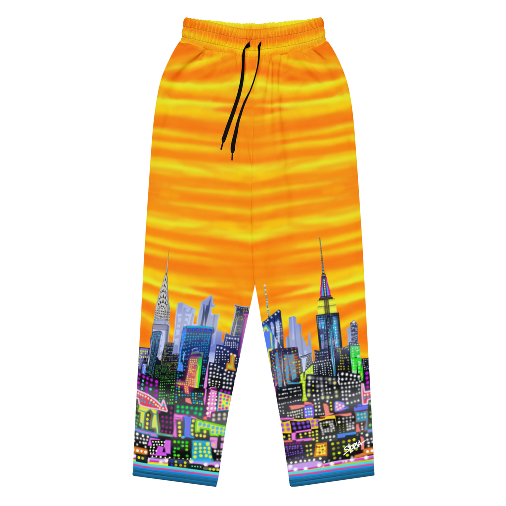 Colorful pants with Loria NYC Art cityscape design on a white background