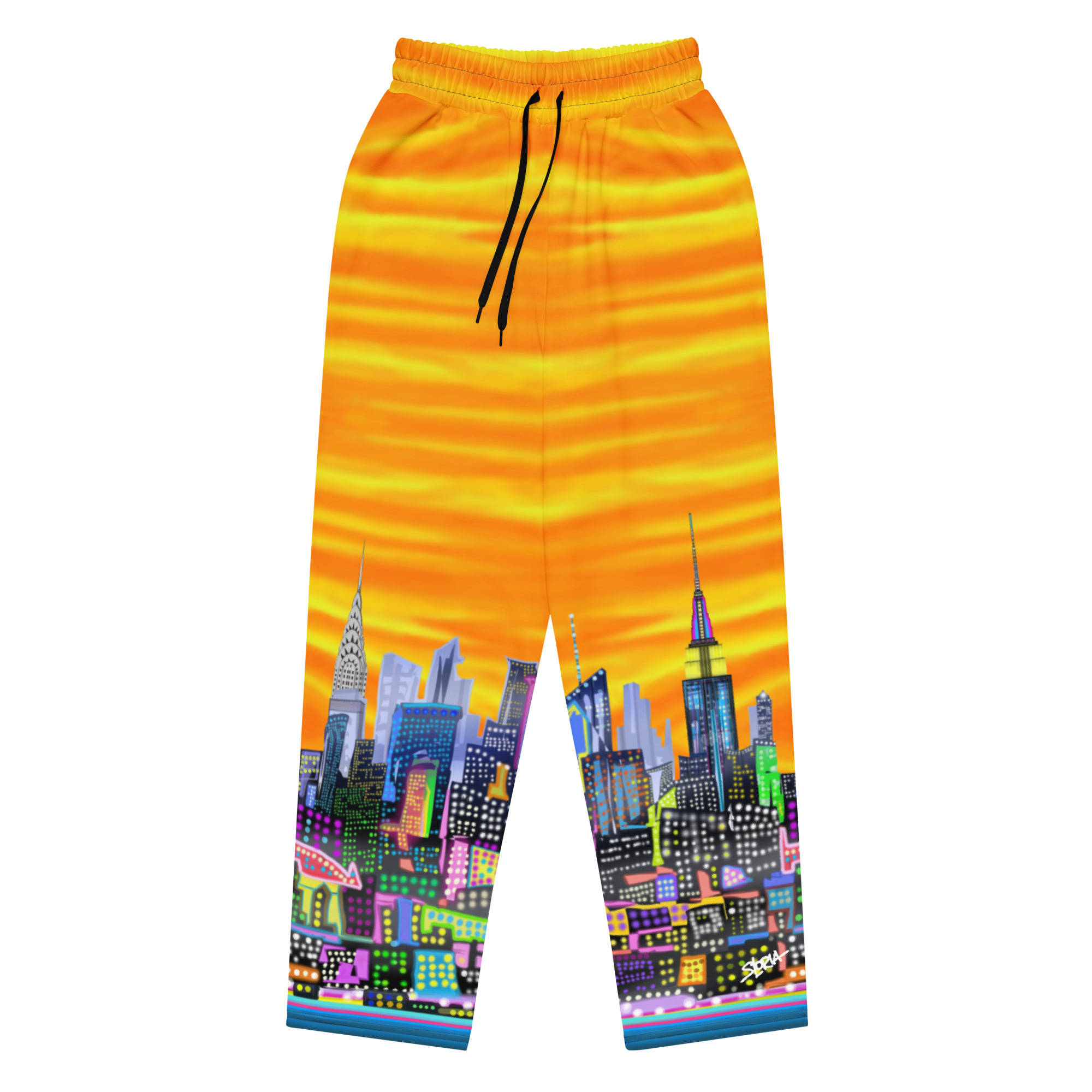 Colorful pants with Loria NYC Art cityscape design on a white background