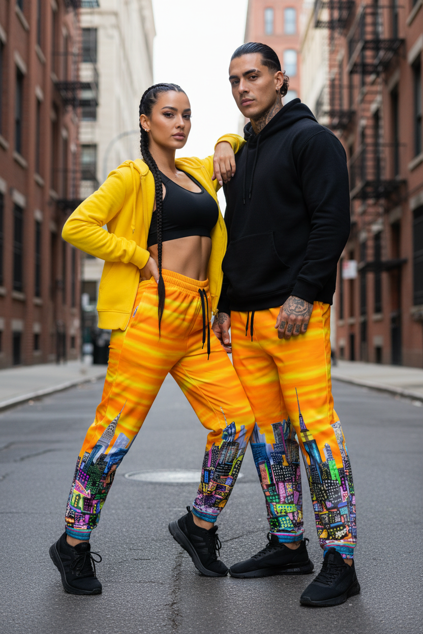 Two people wearing matching outfits with colorful Loria NYC Art pants on a city street.