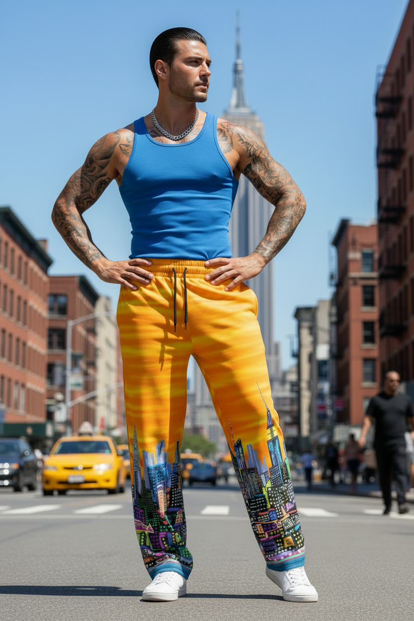 Man wearing a blue tank top and bright yellow Loria NYC Art pants with cityscape design on a city street.