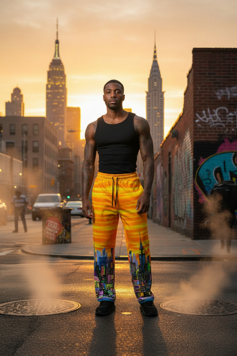 Man in black tank top and yellow Loria NYC Art pants standing on a city street with a sunset skyline.