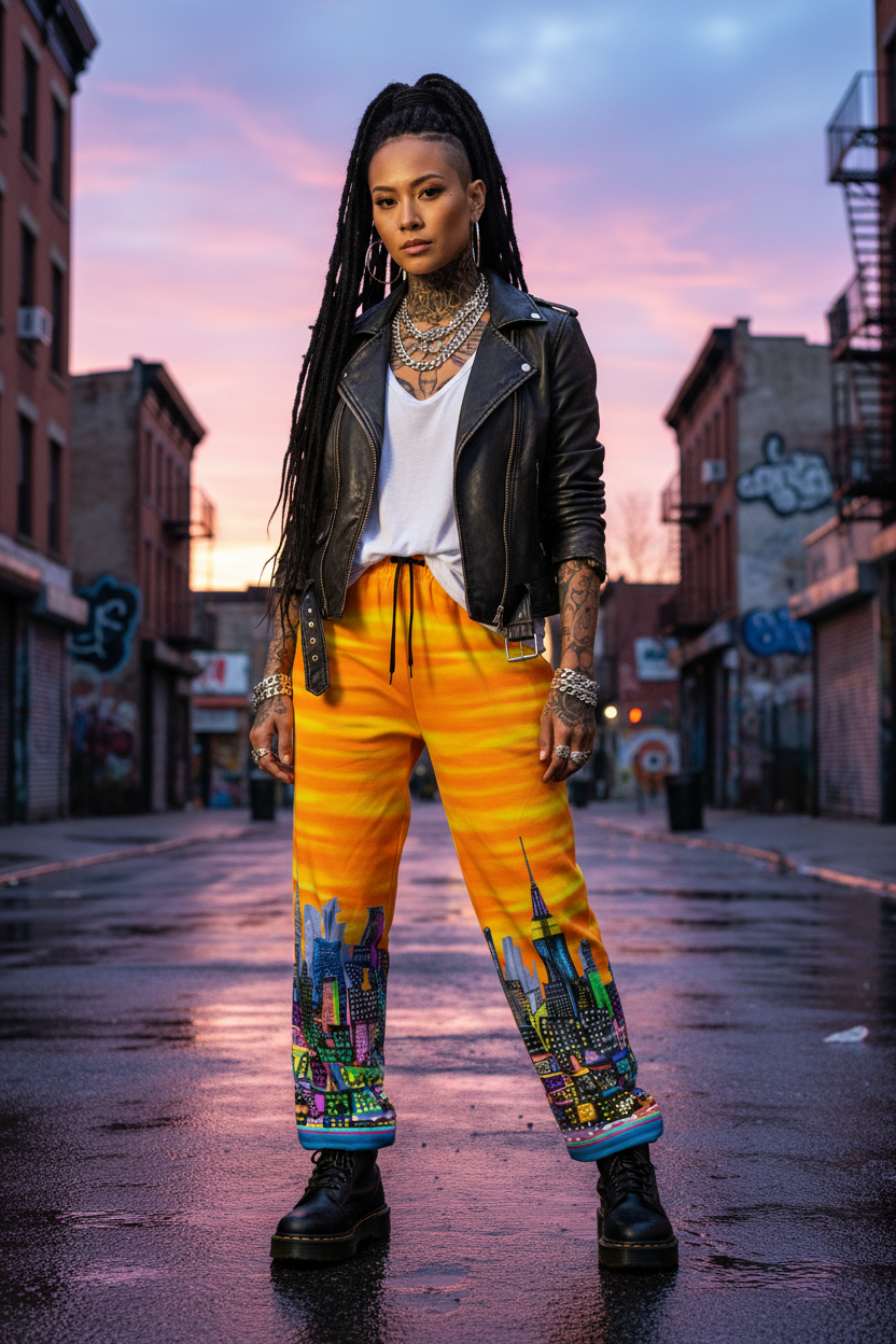 Person wearing a black leather jacket, white shirt, and colorful Loria NYC Art pants on a city street at sunset.