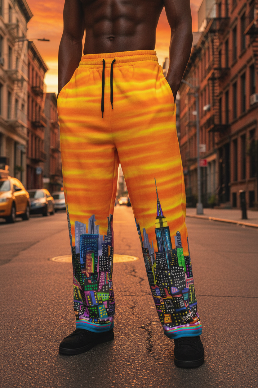 Person wearing bright orange sweatpants with cityscape Loria NYC Art design on a city street at sunset.