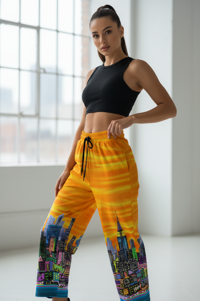 Woman wearing a black crop top and colorful pants with cityscape Loria NYC Art design indoors.