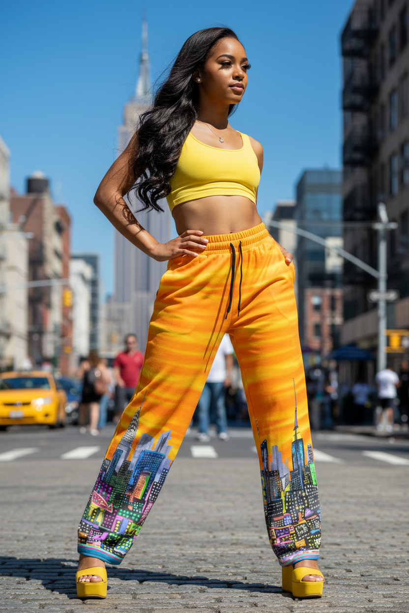 Woman in yellow top and Loria NYC Art colorful pants standing on a city street.