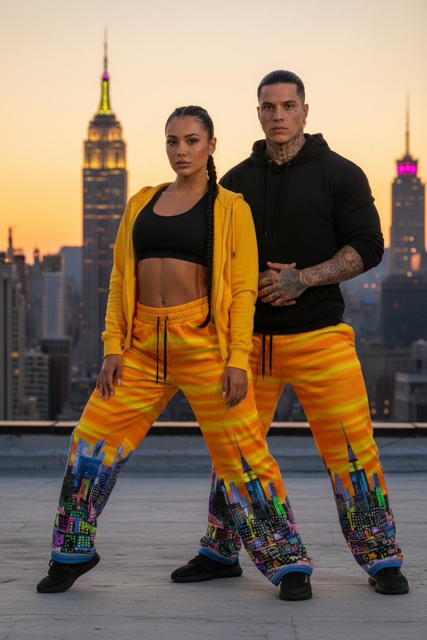 Two people wearing matching outfits with colorful Loria NYC Art pants against a city skyline.