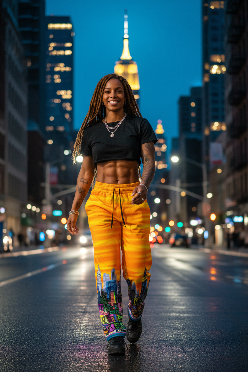 Girl walking in city street wearing orange Loria NYC Art orange sweatpants 
