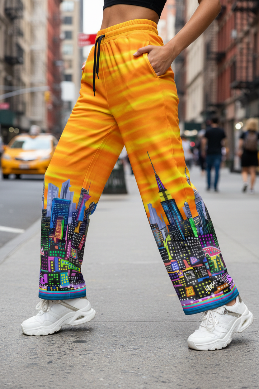 Person wearing bright yellow sweatpants with cityscape Loria NYC Art design on a city street.