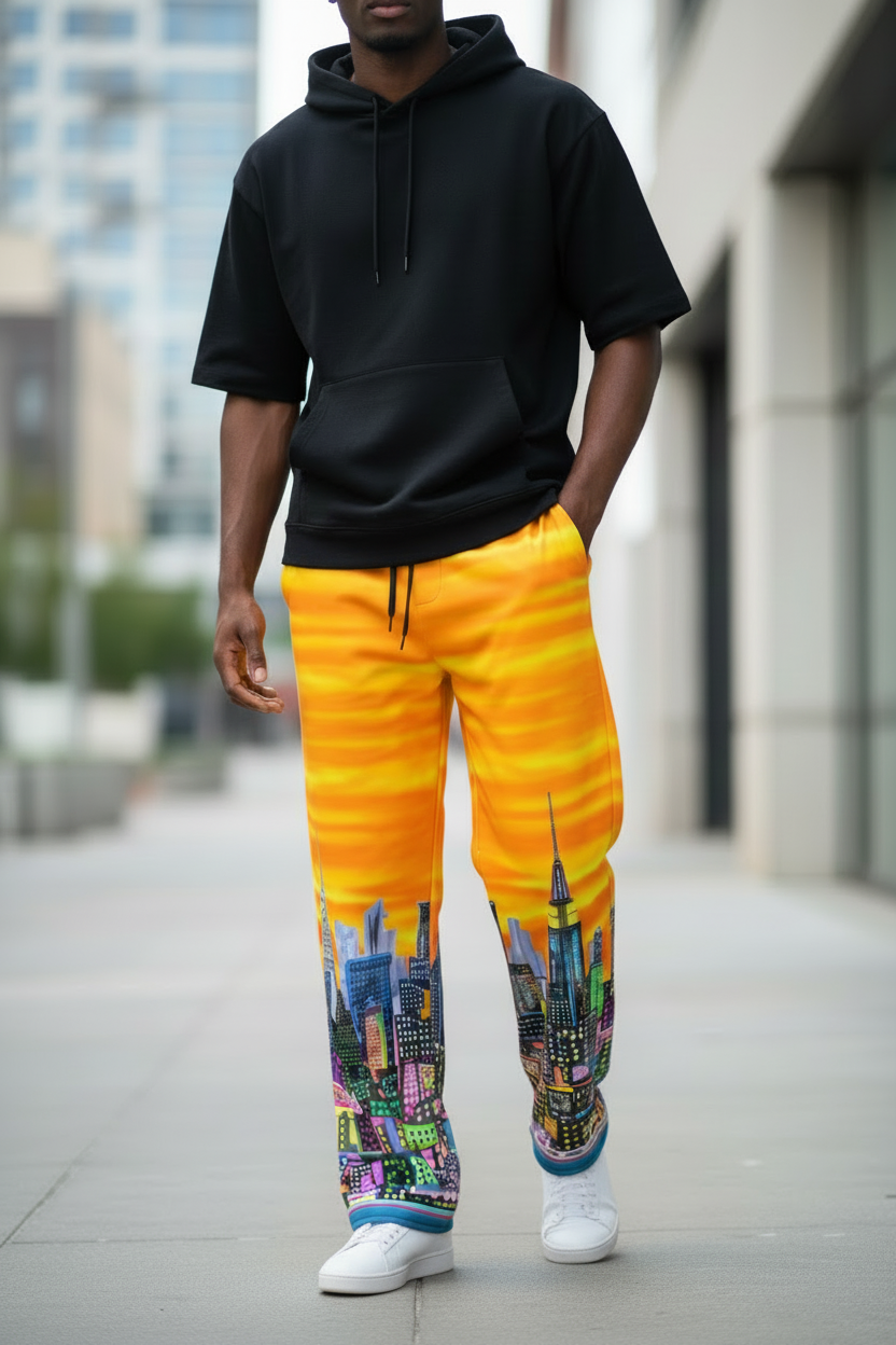 Person wearing a black hoodie and colorful pants with Loria NYC Art cityscape design on a city street.