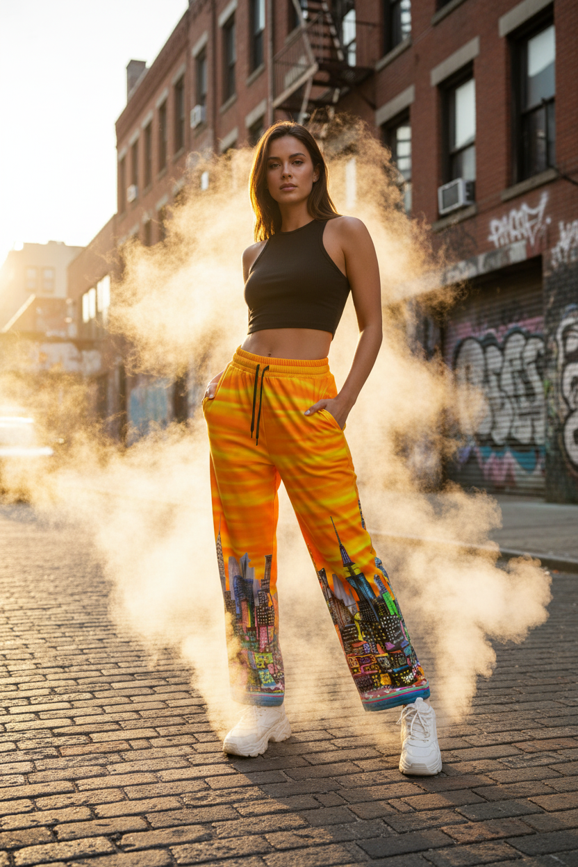 Woman in black top and colorful Loria NYC Art pants standing on a street with smoke effect