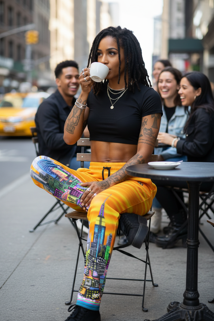 Women sitting down drinking coffee wearing Loria NYC Art sweatpants in urban setting