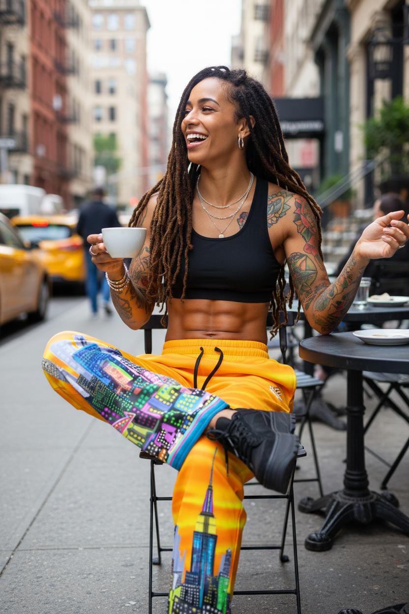 Woman sitting on a city street, holding a cup, wearing colorful Loria NYC Art pants with cityscape design.