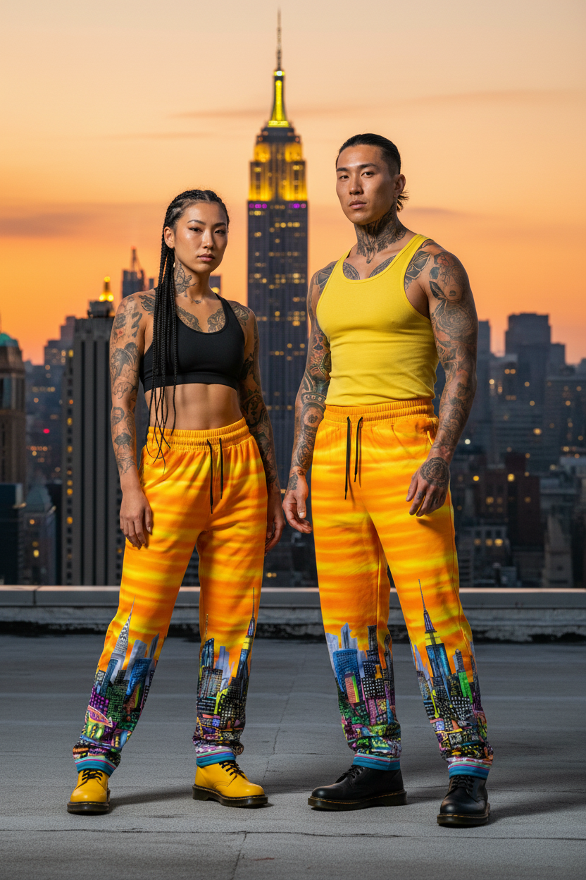 Two people wearing matching yellow outfits with cityscape Loria NYC Art pants against an urban skyline at sunset.