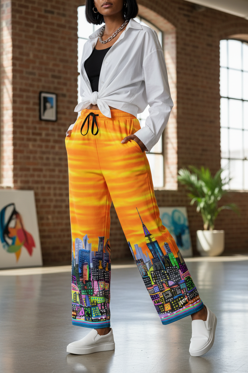 Person wearing bright orange pants with cityscape Loria NYC Art design in a room with brick walls and large windows.