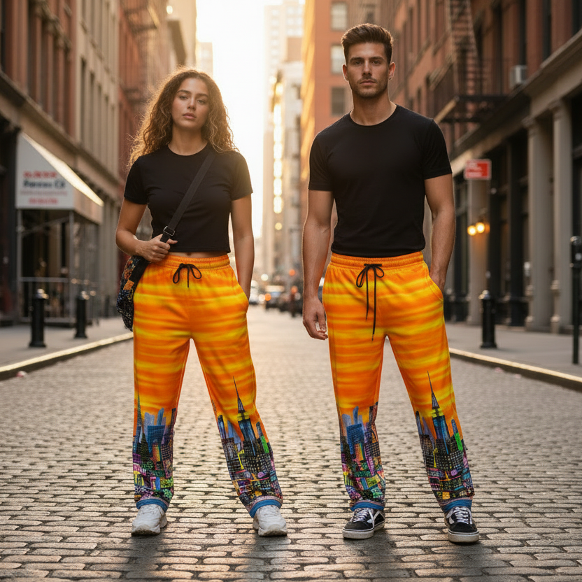 Two people wearing Loria NYC Art colorful pants standing on a city street.