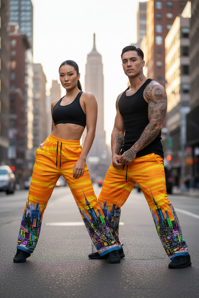 Two people wearing colorful Loria NYC Art pants on a city street
