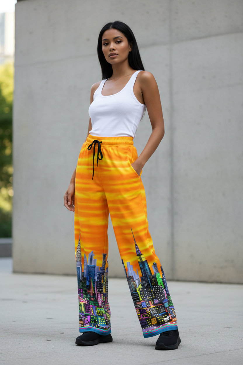 Woman wearing bright orange pants with colorful cityscape Loria NYC Art design outdoors.