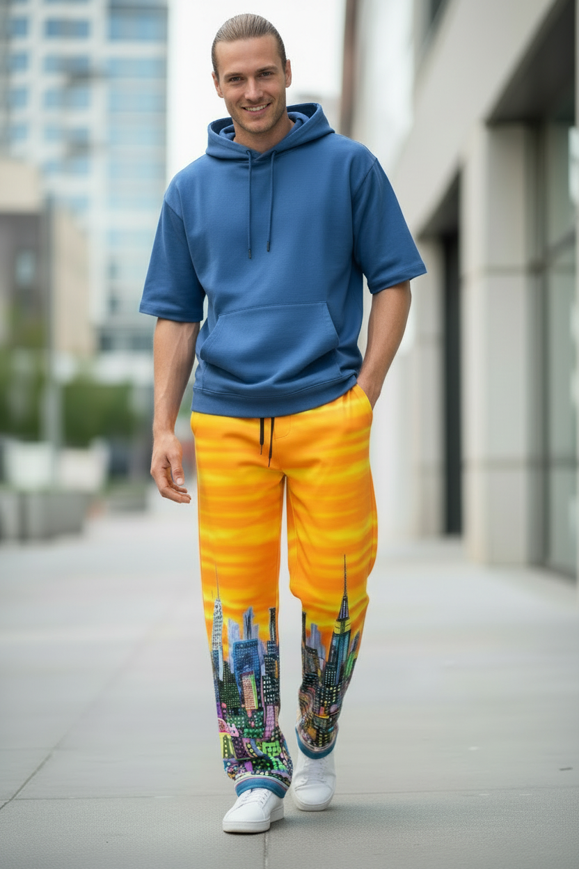 Man wearing a blue hoodie and colorful pants with cityscape Loria NYC Art design on a city street.