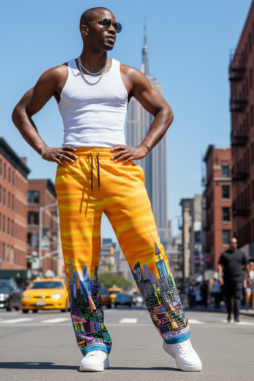 Man wearing a white tank top and bright yellow Loria NYC Art pants with a cityscape design, standing on a city street.