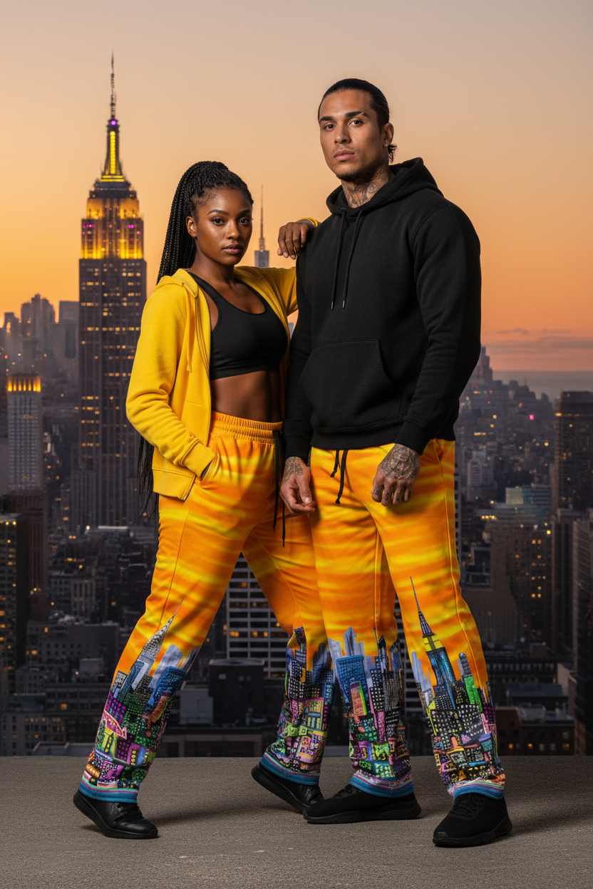 Two people wearing matching outfits with a Loria NYC Art city skyline design 