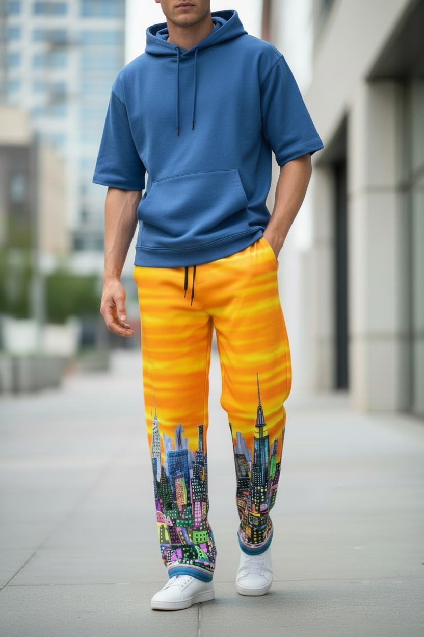 Person wearing a blue hoodie and Loria NYC Art colorful pants with cityscape design outdoors.