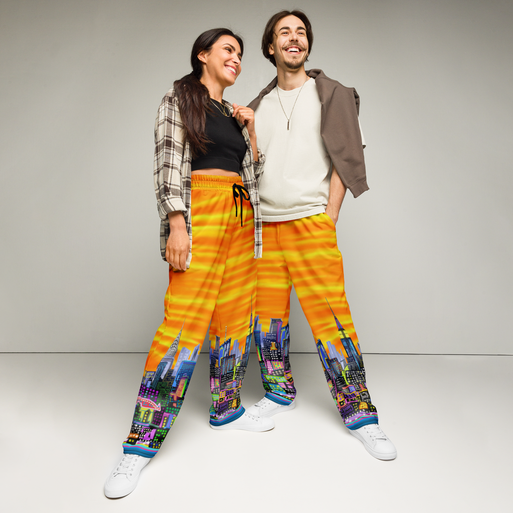 Two people wearing colorful pants with Loria NYC Art cityscape design on a plain background