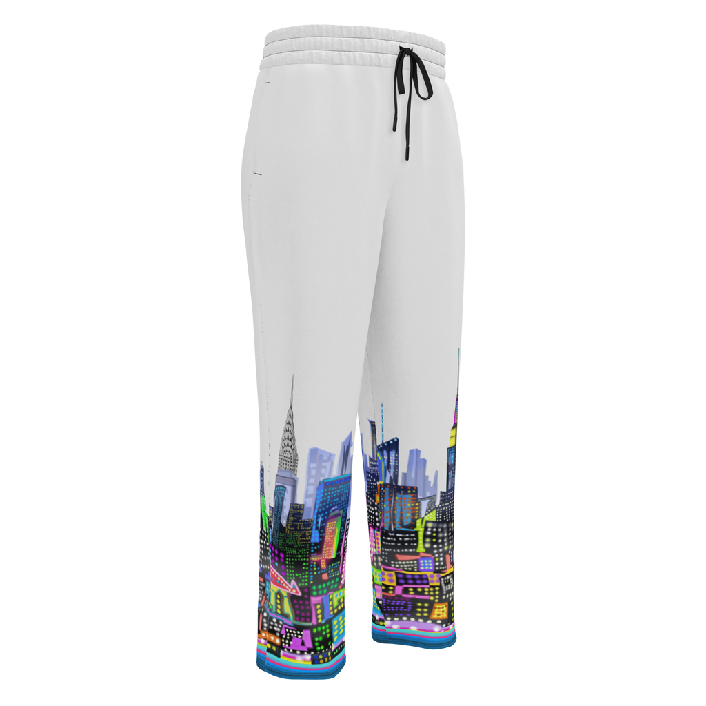 White sweatpants with colorful Loria NYC Art cityscape design on a white background