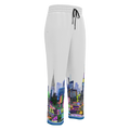 White sweatpants with colorful Loria NYC Art cityscape design on a white background