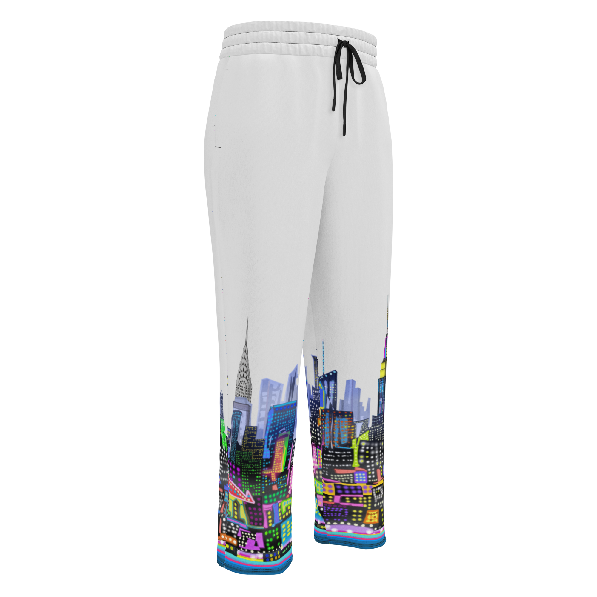 White sweatpants with colorful Loria NYC Art cityscape design on a white background