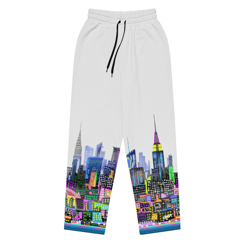 White sweatpants with a Loria NYC Art colorful cityscape design on a white background