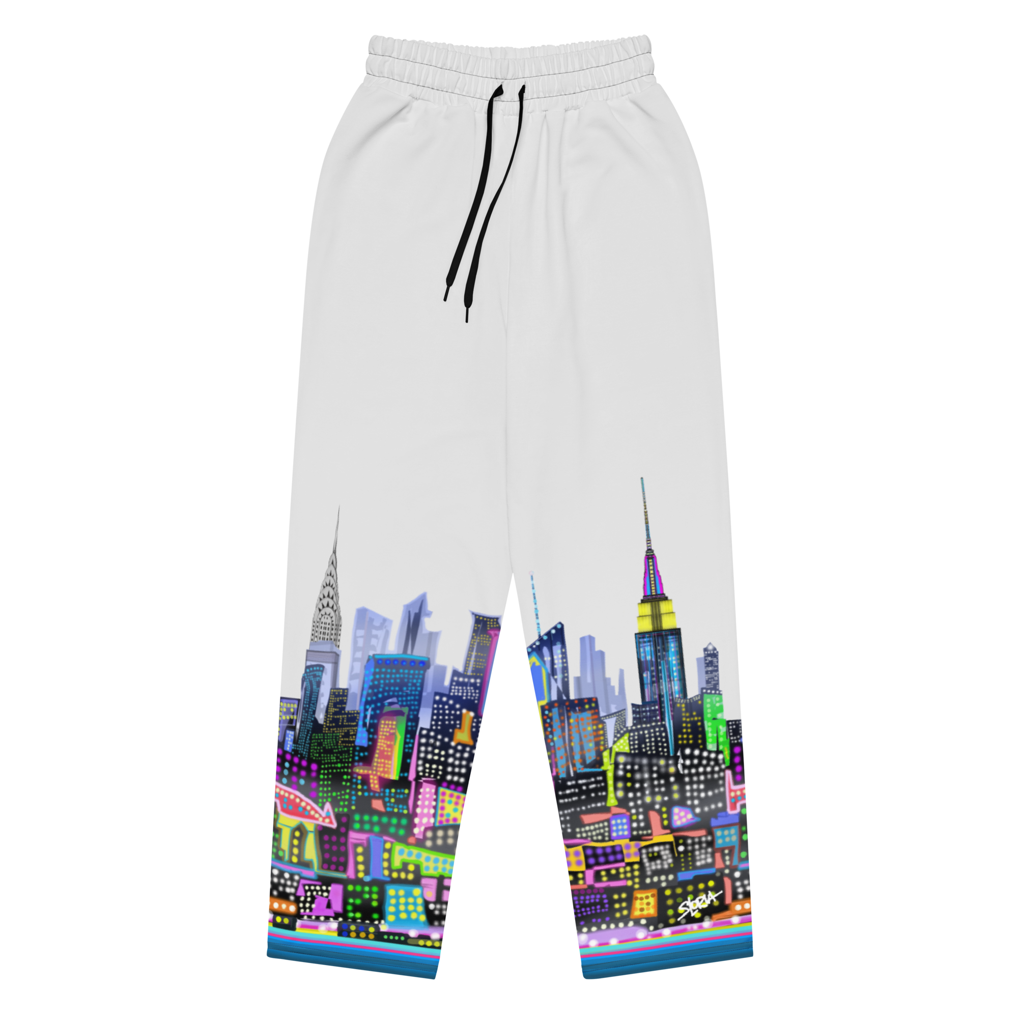 White sweatpants with a Loria NYC Art colorful cityscape design on a white background