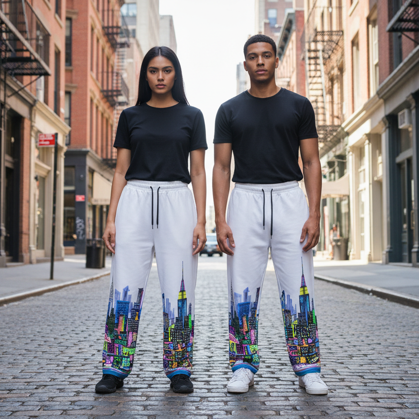 Two people standing on a city street wearing matching outfits with Loria NYC Art colorful pants.