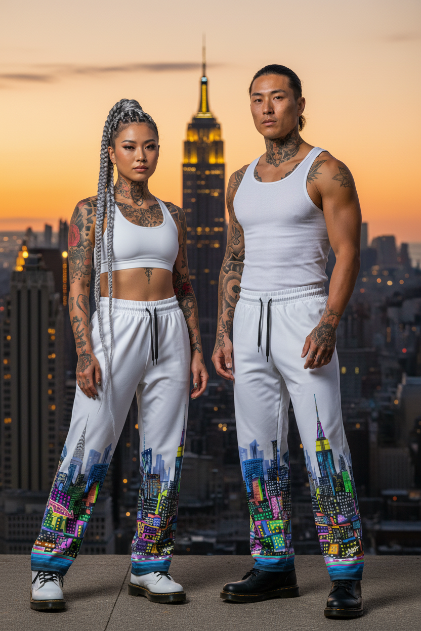 Two people wearing matching outfits with colorful Loria NYC Art in front of a city skyline at sunset.