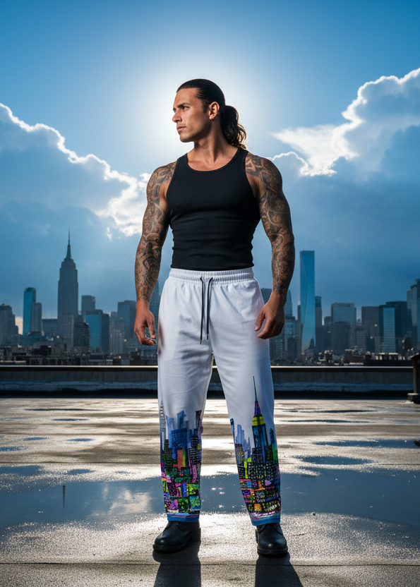 Man standing on a rooftop wearing Loria NYC Art city skyline pants 