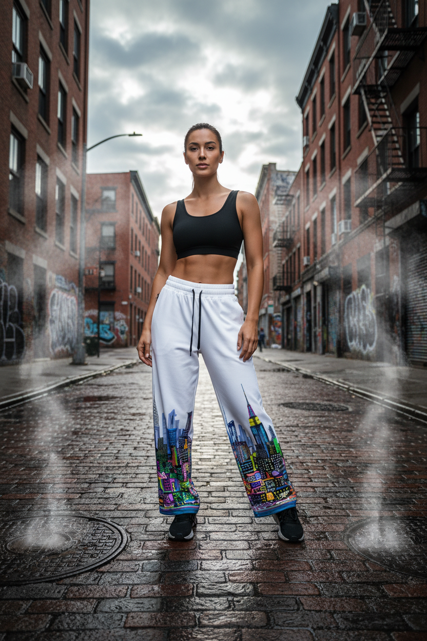 Woman in black sports bra and colorful Loria NYC Art pants standing on a city street with graffiti.