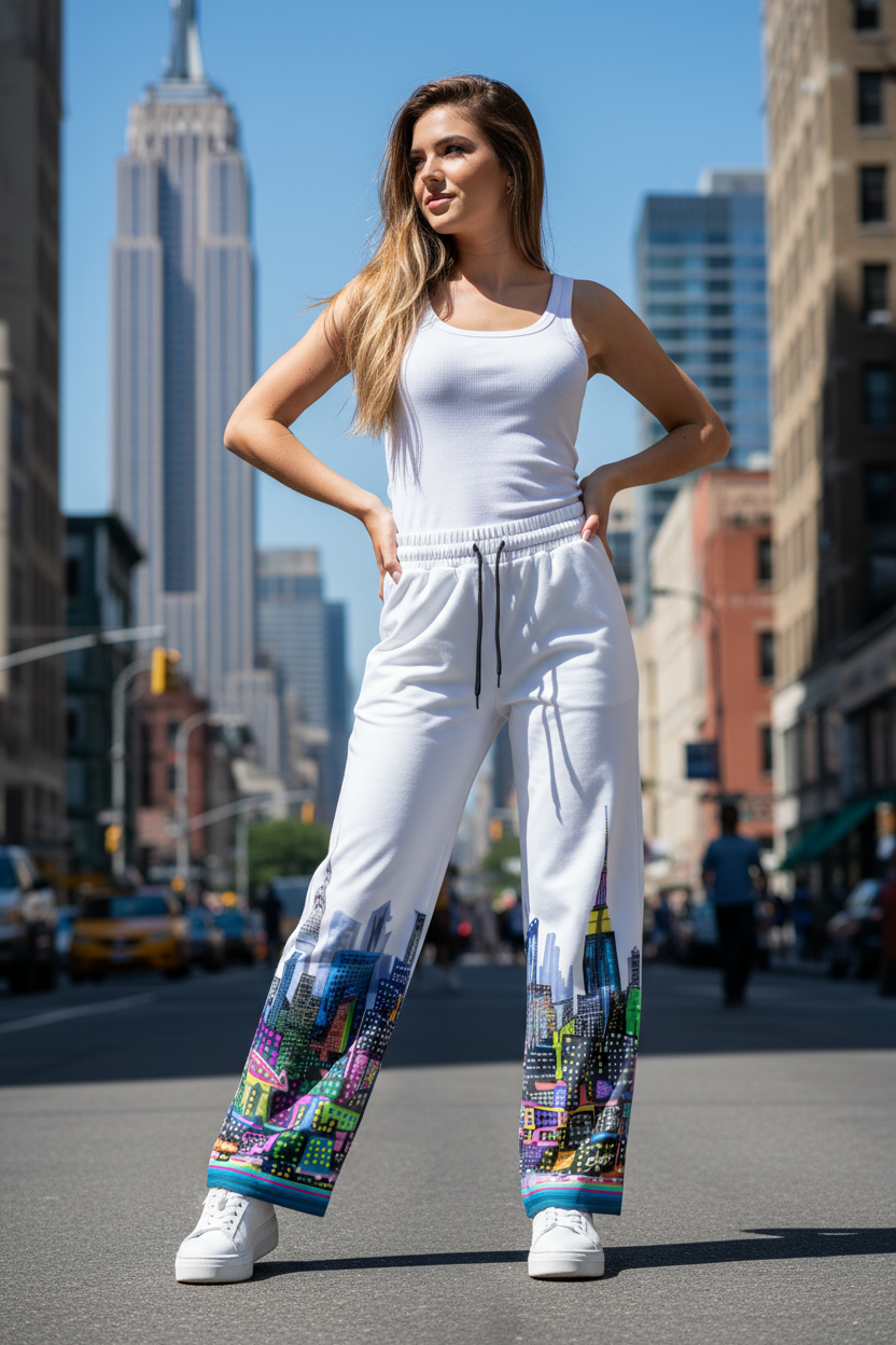 Woman in a white outfit with Loria NYC Art colorful pants standing on a city street.