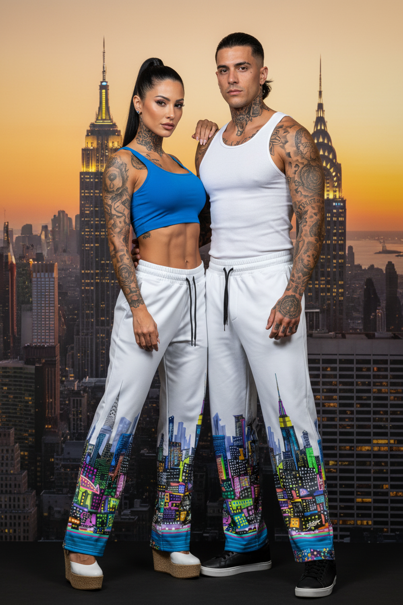 Two people wearing matching Loria NYC Art pants with a cityscape design 