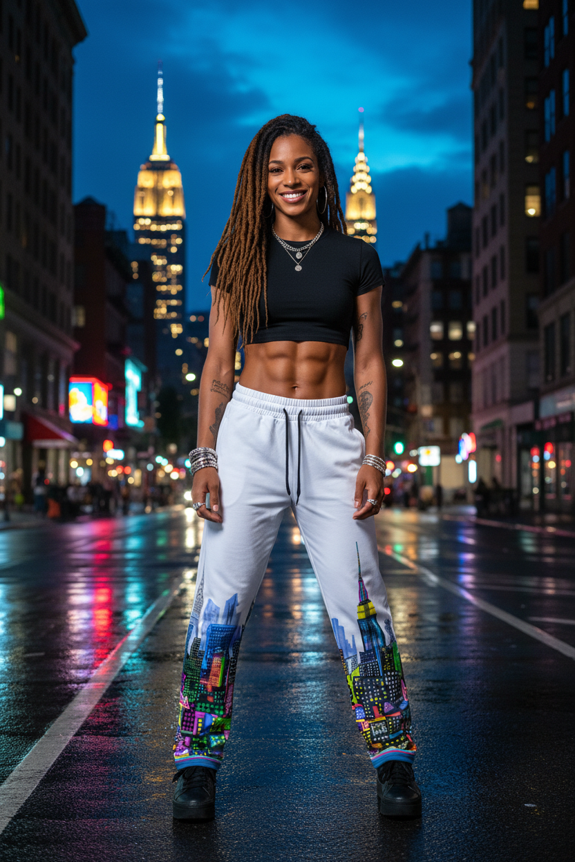 Person wearing Loria NYC Art pants standing on a city street at night with illuminated buildings in the background