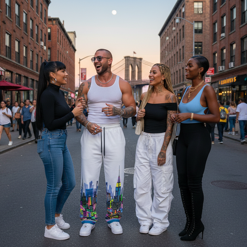 Group of four people standing on a city street at sunset with man wearing Loria NYC Art pants