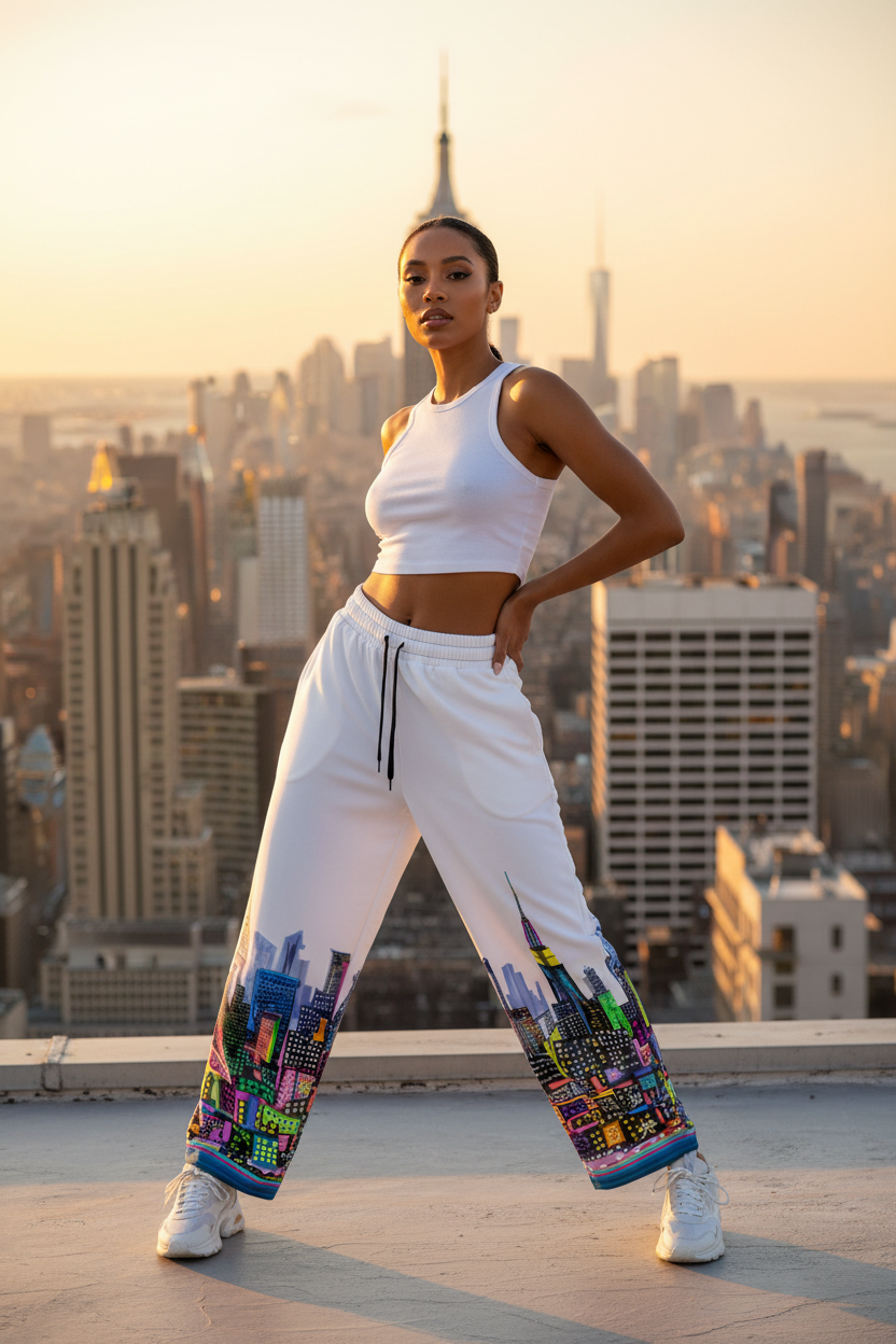 Person wearing a white outfit with colorful Loria NYC Art pants on a rooftop with city skyline in the background