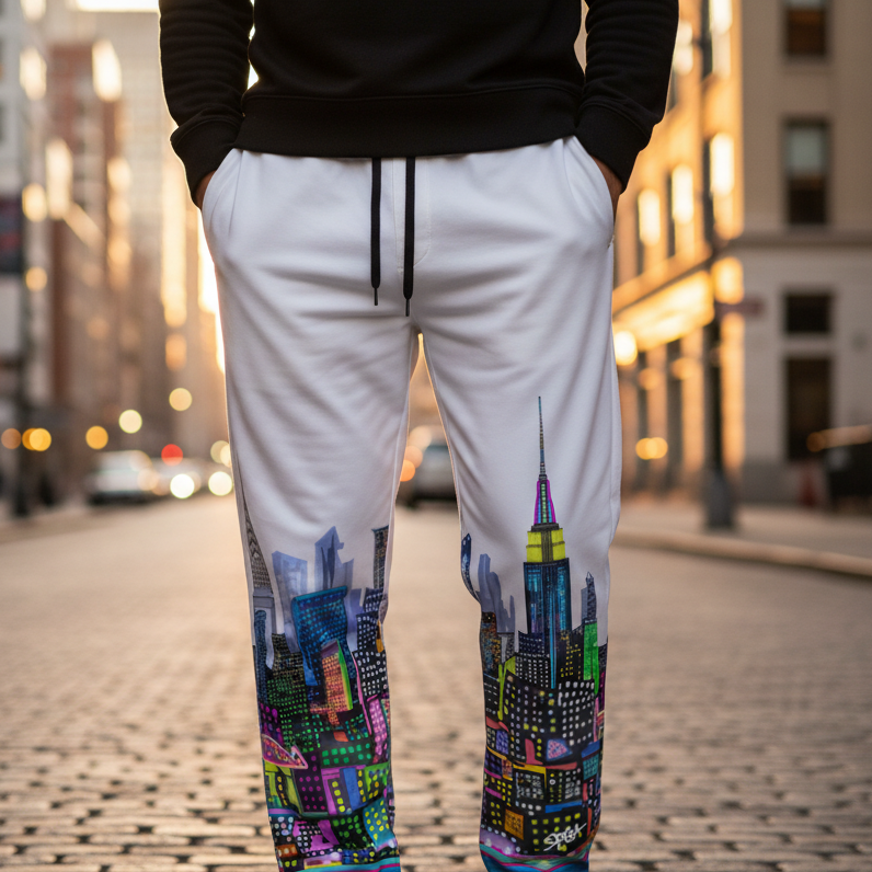 Person wearing white Loria NYC Art sweatpants with colorful cityscape design on a city street.
