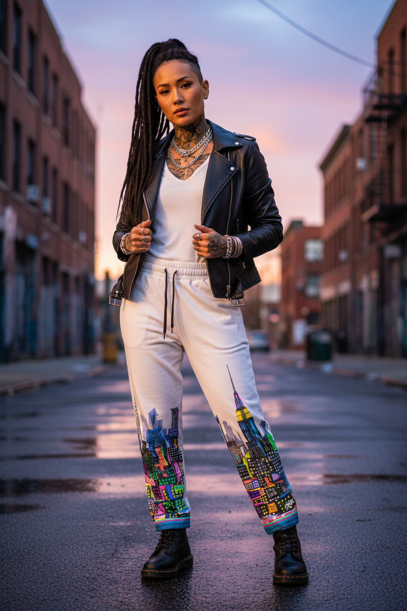 Person wearing a black leather jacket and colorful Loria NYC Art pants on an urban street at sunset.