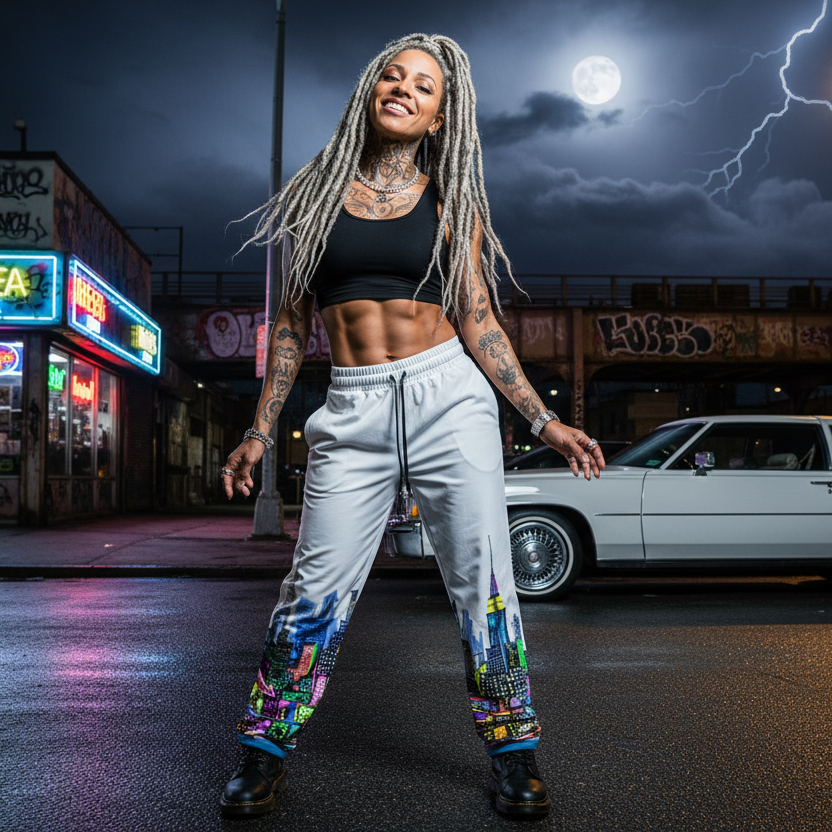 Person with long braided hair wearing Loria NYC Art pants standing in a street at night with neon signs and a car in the background.