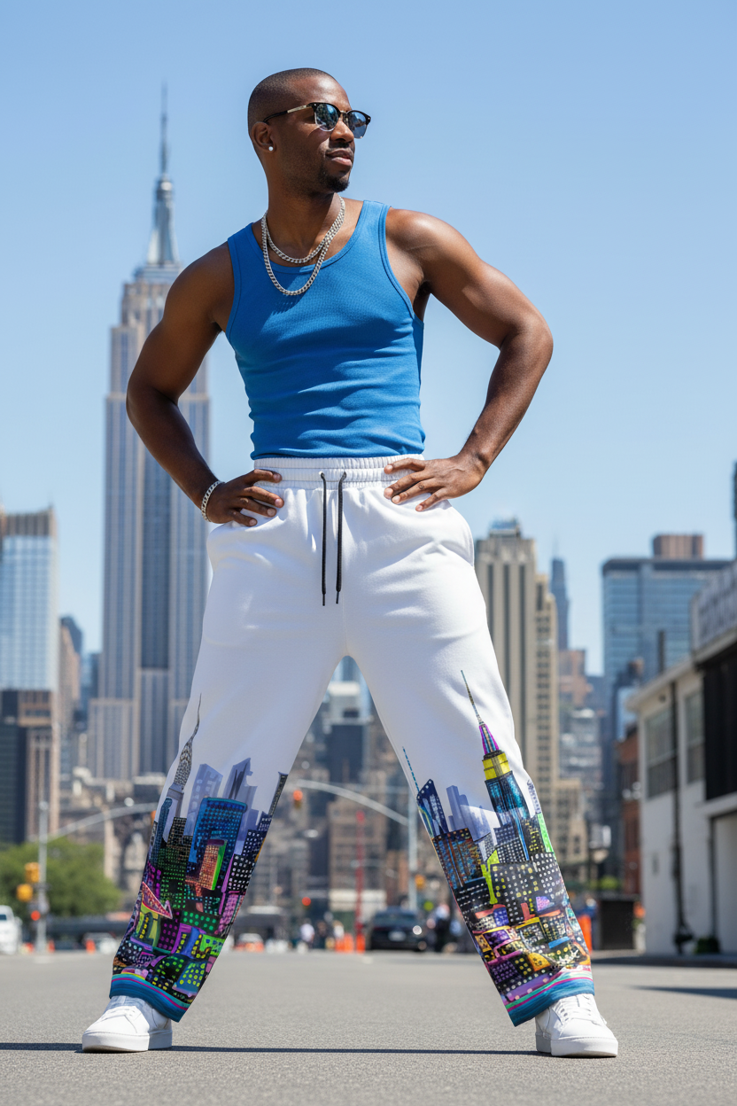 Man wearing a blue tank top and white Loria NYC Art pants with colorful patterns, standing in an urban setting.