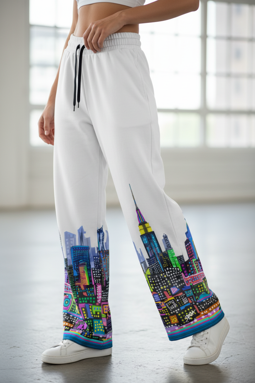 White pants with colorful Loria NYC Art cityscape design worn by a person indoors.