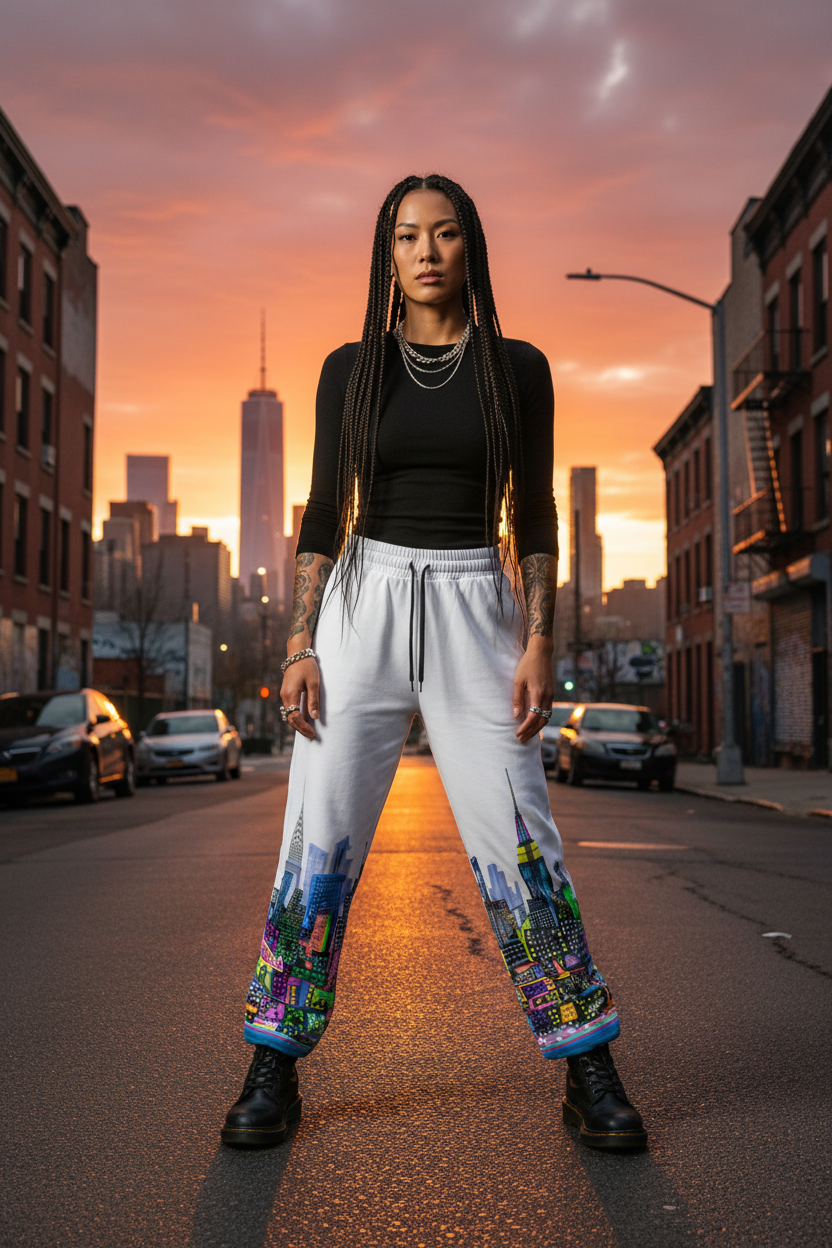 Woman standing on a city street at sunset with colorful Loria NYC Art pants